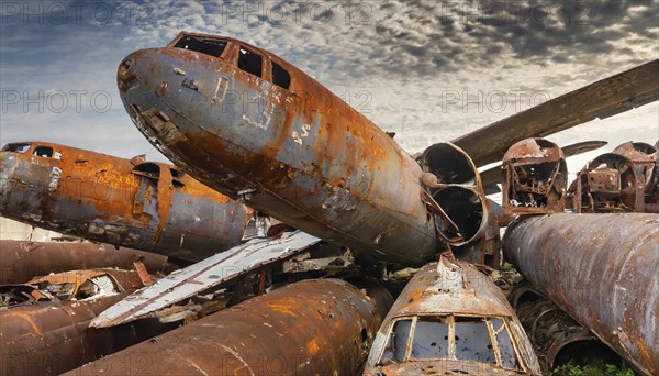 Collided and rusted aircraft wrecks on a scrap yard under a slightly cloudy sky, symbol photo, AI