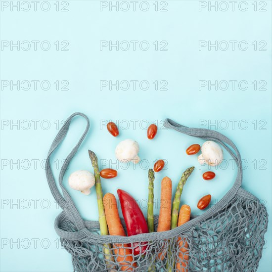 Asparagus sprout, mushrooms, carrots and tomatoes, zero waste, mesh bag with vegetables, shopping