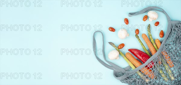 Mesh bag with vegetables, shopping grocery, healthy food ingredients, asparagus sprout, mushrooms,