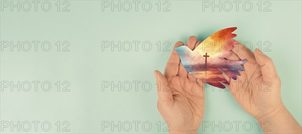 Pentecost sunday, dove and religious cross, Holy Spirit, Jesus Christ, Christianity, belief and