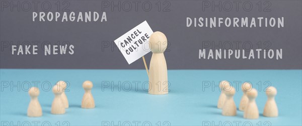 Cancel culture protest, disinformation, facts and fake news, conspiracy theory concept, media and