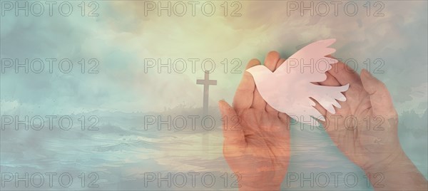 Pentecost sunday, dove and religious cross, Holy Spirit, Jesus Christ, Christianity, belief and