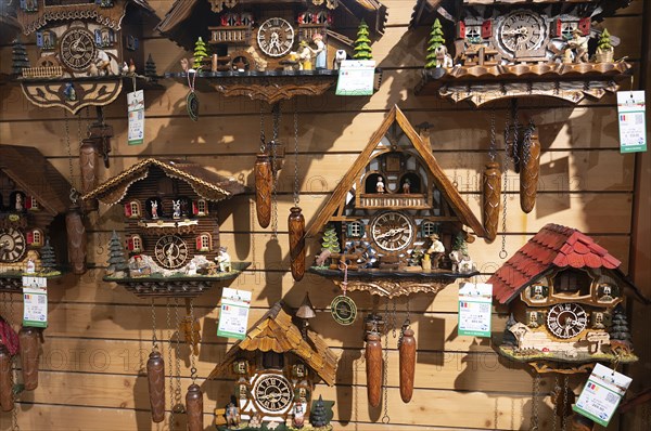 Cuckoo clocks in a shop in the Black Forest, Lake Titisee Neustadt in Germany, traditional craft,