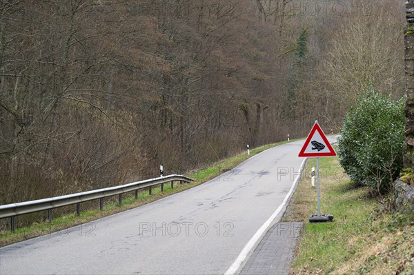 Toad crossing to spawning ground road sign, warning mating season of amphibian animal, wildlife in