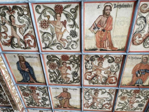 Church ceiling, painting with biblical scenes, late Gothic St Vitus and St Michael's Church,