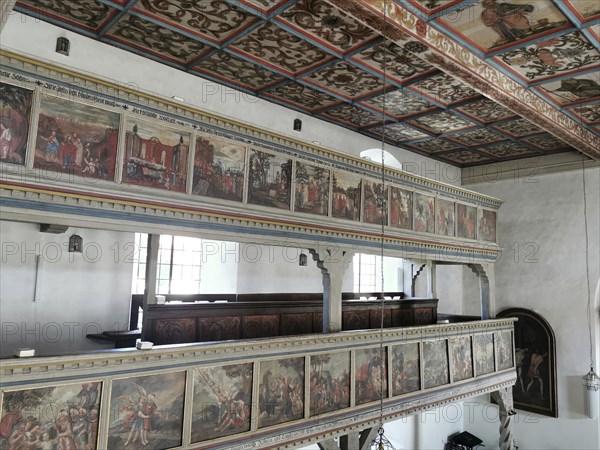 Church ceiling and gallery, painting with biblical scenes, late Gothic St Vitus and St Michael's