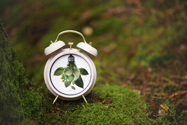World earth hour, alarm clock stands in the forest, turn off lights, save energy, protect nature