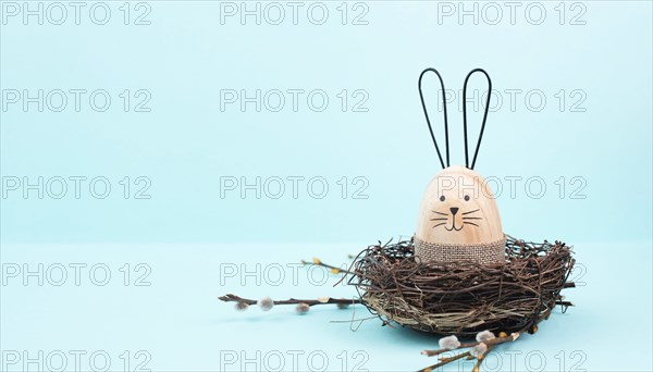 Easter bunny or rabbit sitting in a bird nest, willow branches, wooden egg, spring holiday, brown