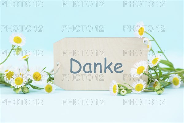 Thanks card surrounded by flowers, german language, being thankful, support, help and charity