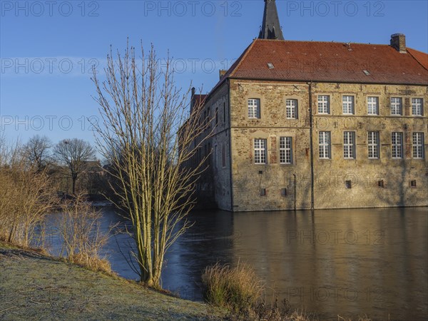 Side view of a historic moated castle with a red roof and a tree on the bank of the pond,