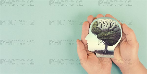 Holding human brain tree in the hands, self care and mental health concept, positive thinking,