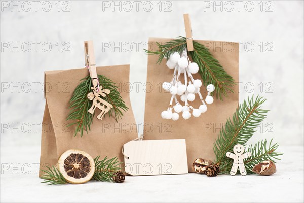 Christmas holiday gift bags for suprise, fir branches, gingerbread man, elk, snow covered berries