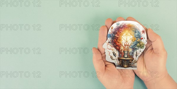 Brain with light bulb, colorful explosion, idea and vision concept, brainstorming for solution,