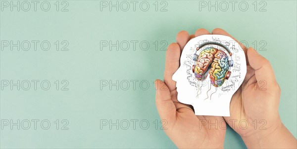 Human brain with headphones and music notes, social media, self care and mental health concept,