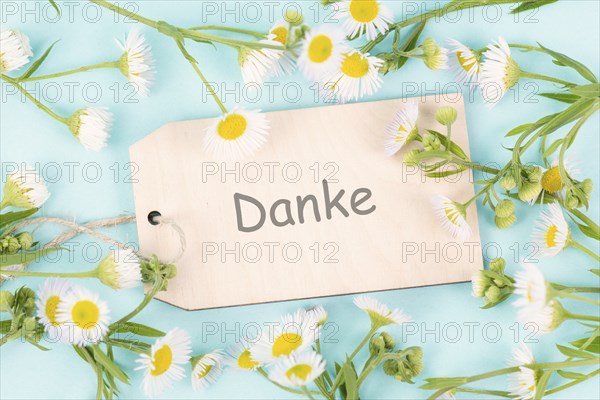 Thanks card surrounded by flowers, german language, being thankful, support, help and charity