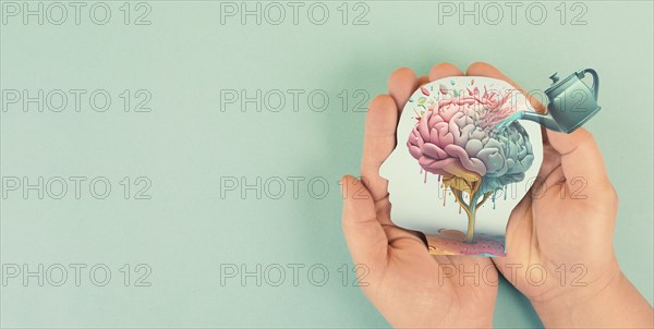 Human brain growing from a flower, watering can is pouring water on the mind, mental health