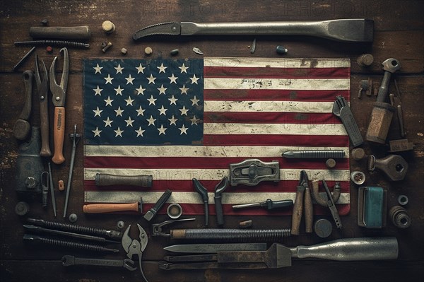 Labour day, men at work, american flag, tools of a handyman, wrenches and pliers