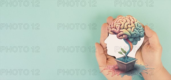 Hands holding paper head, human brain grows from tree, self care and mental health concept,