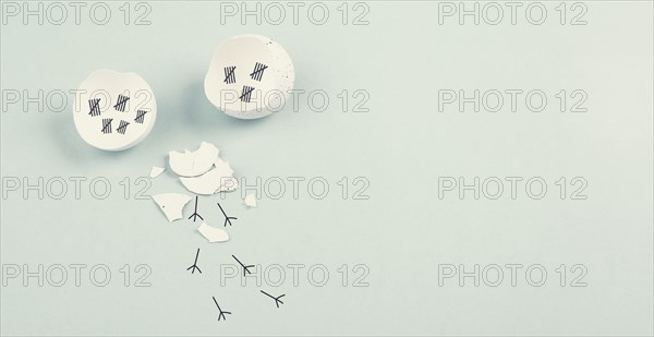 Cracked eggshell with tally marks lines or sticks and footprints of a chick, breakout, freedom and