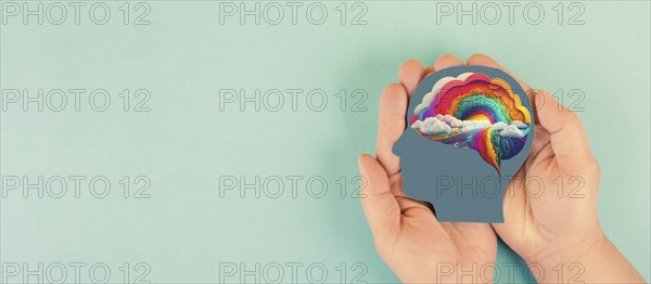 Brain with rainbow cloud, creativity explosion of ideas, positive thinking mind, self identidy and