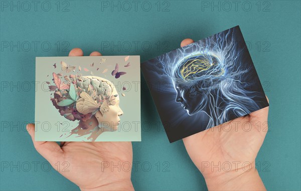 Human brain with butterflies and lightning, mental health concept, positive and negative thinking,