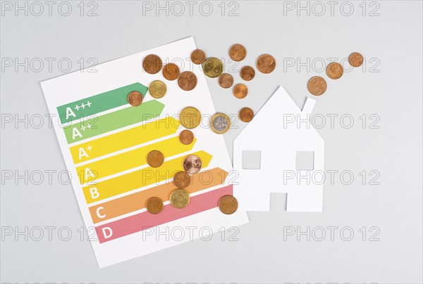 House with power consumption graphic, renewable substainable energy, solar electrcity, green co2