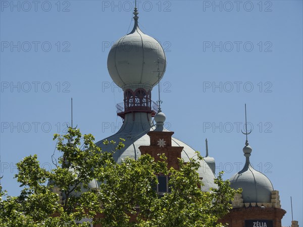 Historic buildings with domes and turrets, red brick, tree in foreground, blue sky, Lisbon,