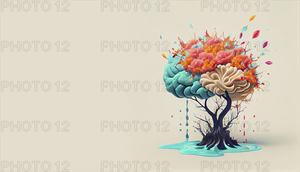 Human brain tree with flowers, self care and mental health concept, positive thinking, creative