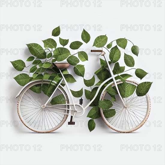 Bicycle covered with green leaf tendril, eco and environment concept, sustainable transport and