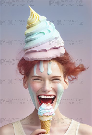 Beautiful woman, waffle cone on the head, ice cream melting down the face, summer feeling, vibrant