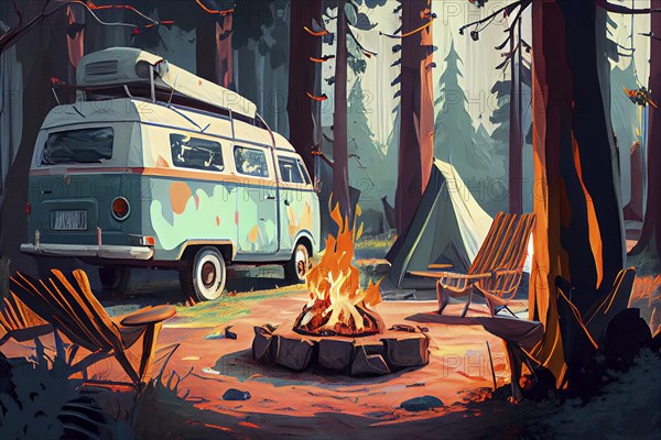 Wanderlust camping adventure in the forest with camper van, fire place and tent