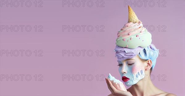 Beautiful woman, waffle cone on the head, ice cream melting down the face, summer feeling, vibrant