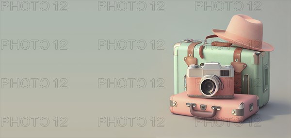 Suitcase with a camera and hat, summer holiday feeling, pastel color, retro style, travel concept