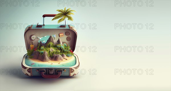 Suitcase with an island, sand beach and tropical palm trees, summer holiday feeling, travel concept