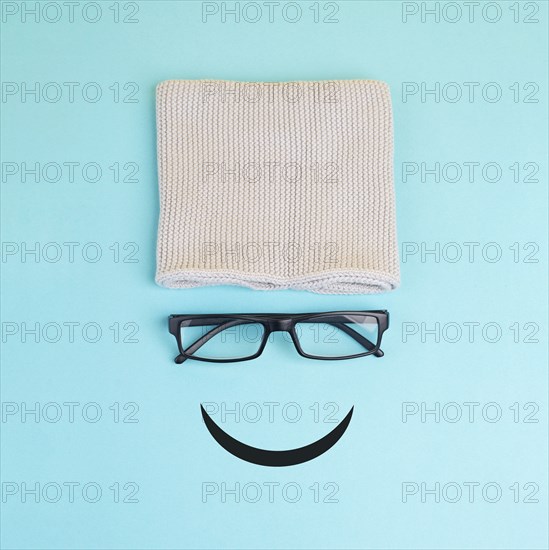 Happy smiling face with eyeglasses and hat, mental health concept, positive mindset, support and
