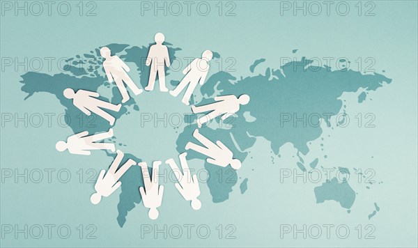 Group of men staning in a circle, on the world map, global communication, network and business,