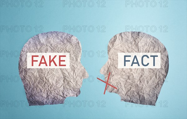 Fake or fact on a head, false and truth information, propaganda and conspiracy theory concept,