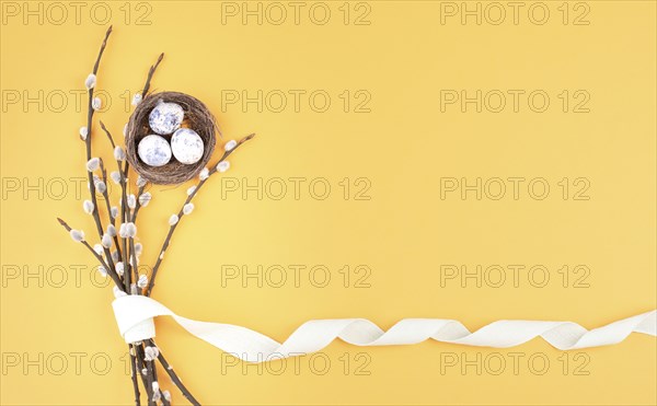 Easter holiday background, wicker nest with small eggs, branches of pussy willow, yellow color,