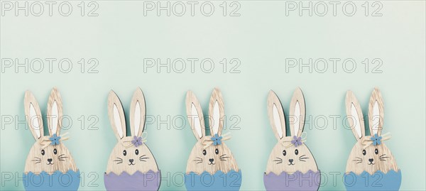 Panoramic easter holiday greeting card with cute bunnies, rabbits in spring, banner or header