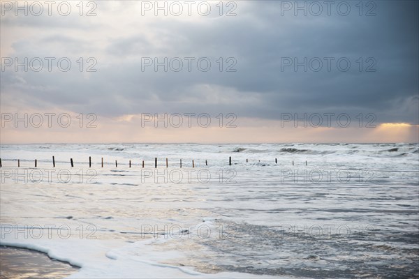 Wadden sea at low tide, North sea beach landscape, coast on Romo island in Denmark at sunset,