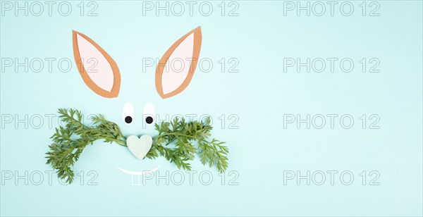 Easter bunny face, heart shaped nose, whiskers from carrot leaves, holiday greeting card, spring