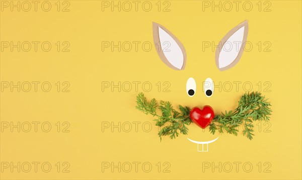 Easter bunny face with a heart shaped nose and whiskers from carrot leaves, holiday greeting card,