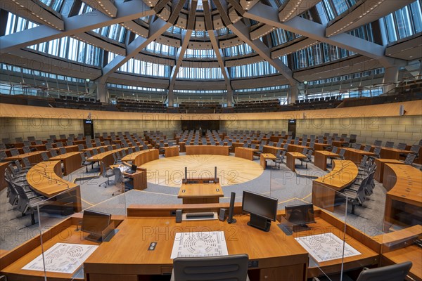 The empty plenary chamber of the North Rhine-Westphalia state parliament in Düsseldorf, North
