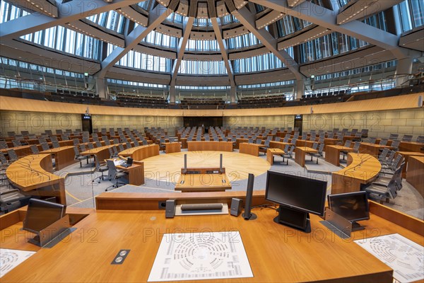 The empty plenary chamber of the North Rhine-Westphalia state parliament in Düsseldorf, North