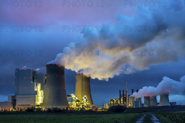 Neurath lignite-fired power station, power station units A, E, cooling towers, town of
