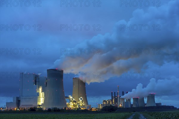 Neurath lignite-fired power station, power station units A, E, cooling towers, town of