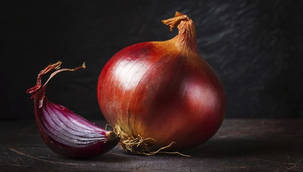 Vegetables, onion, Allium cepa, single ripe onion and a piece of shallot bulb, still life in