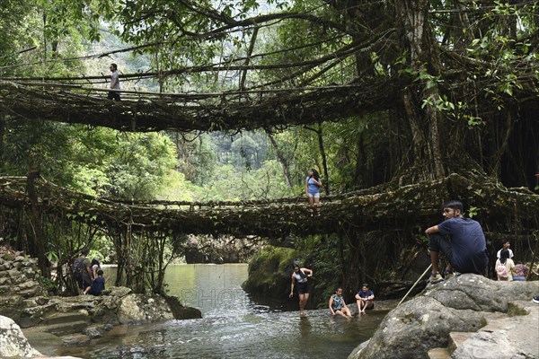Tourists at the Bouble decker living root bridge amid COVID-19 coronavirus pandemic, in Nongriat