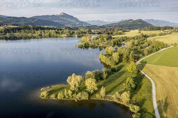 Aerial view of bathing and surfing area at lake Rottachsee, Allgäu, Bavaria, Germany, Europe