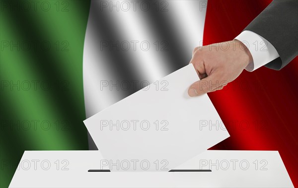 The Italian flag and the hand with the bulletin about the ballot box